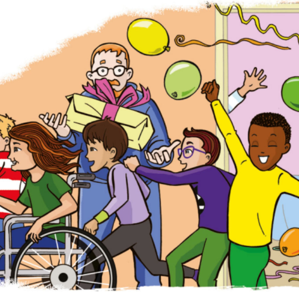 Illustration av glada barn, paket och ballonger.