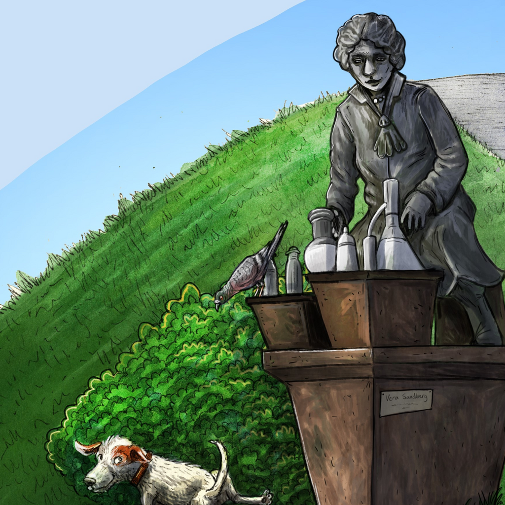 Illustration: En staty av forskaren Vera Sandeberg. En hund kissar i en häck bredvid. 