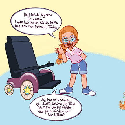 En permobil och ett barn med CP från boken Turbofart!