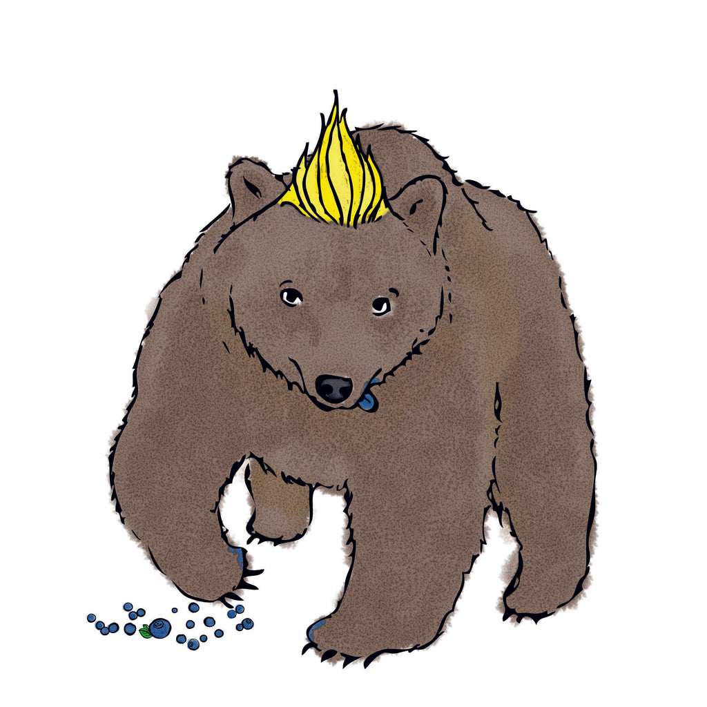 Illustration. En björn kommer gående med gult hår på huvudet.