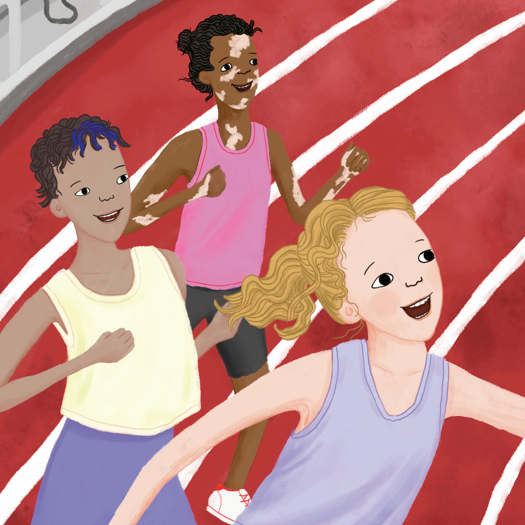Barnbok med Emma Green och hennes kompisar på friidrottsbanan 