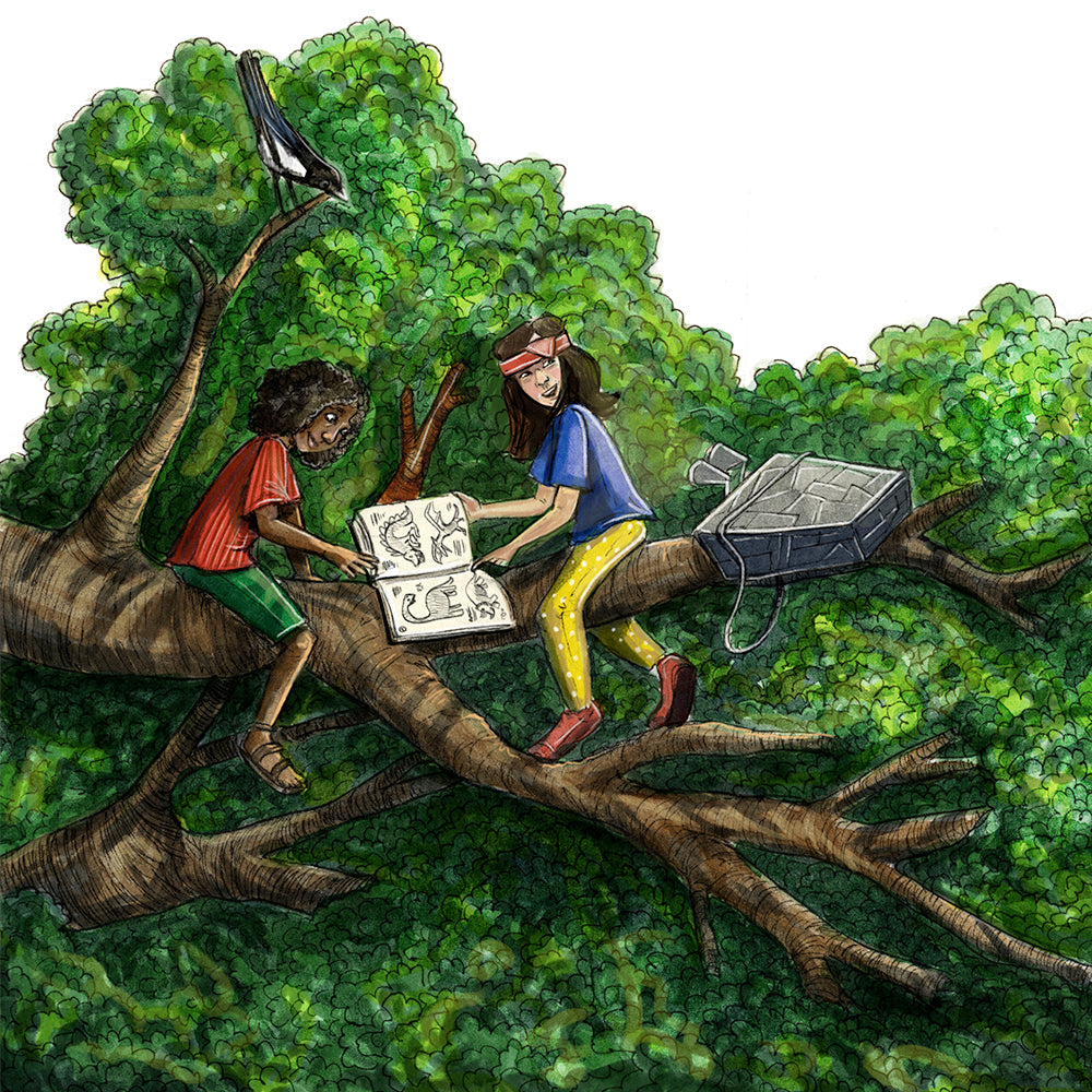 Illustration: Två barn sitter i ett träd och läser en bok om dinosaurier. Från De vilda & den mystiska tidsmaskinen - Kapitelbok 6-9 år  - OLIKA förlag - Författare: Cecilia Rihs - Illustratör: Anna Westin