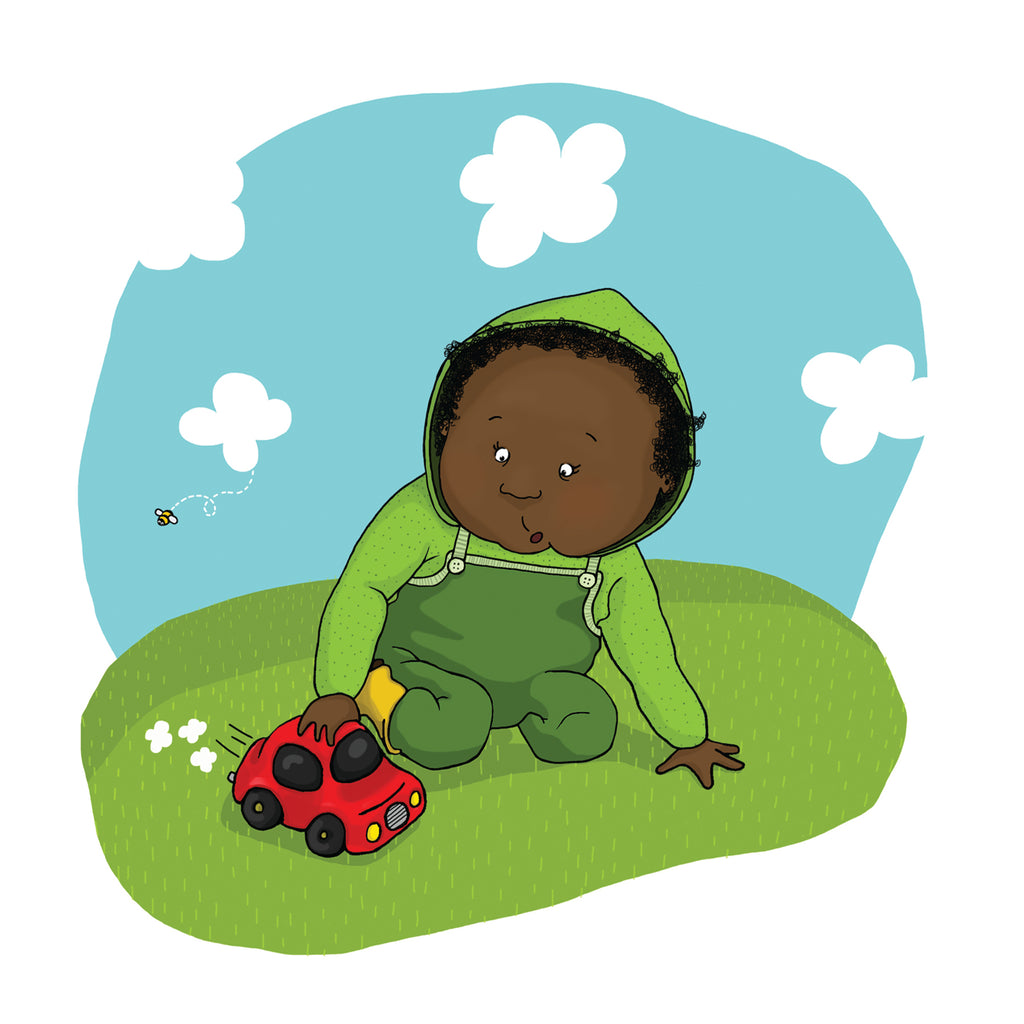 Illustration. Ett barn leker med en bil ute på gräsmattan. Leka ute - Pekbok 0-2 år - OLIKA förlag - Författare: Marin Salto - Illustratör: Maja-Stina Andersson