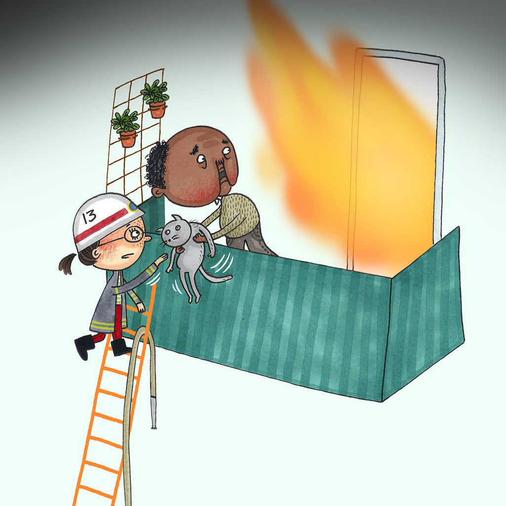 Illustration. Mix hjälper till att rädda en katt och en man från en balkong där det brinner. Mix jobbar - Bilderbok 1-3 år - OLIKA förlag - Författare: Malin Lilja - Illustratör: Matilda Salmén