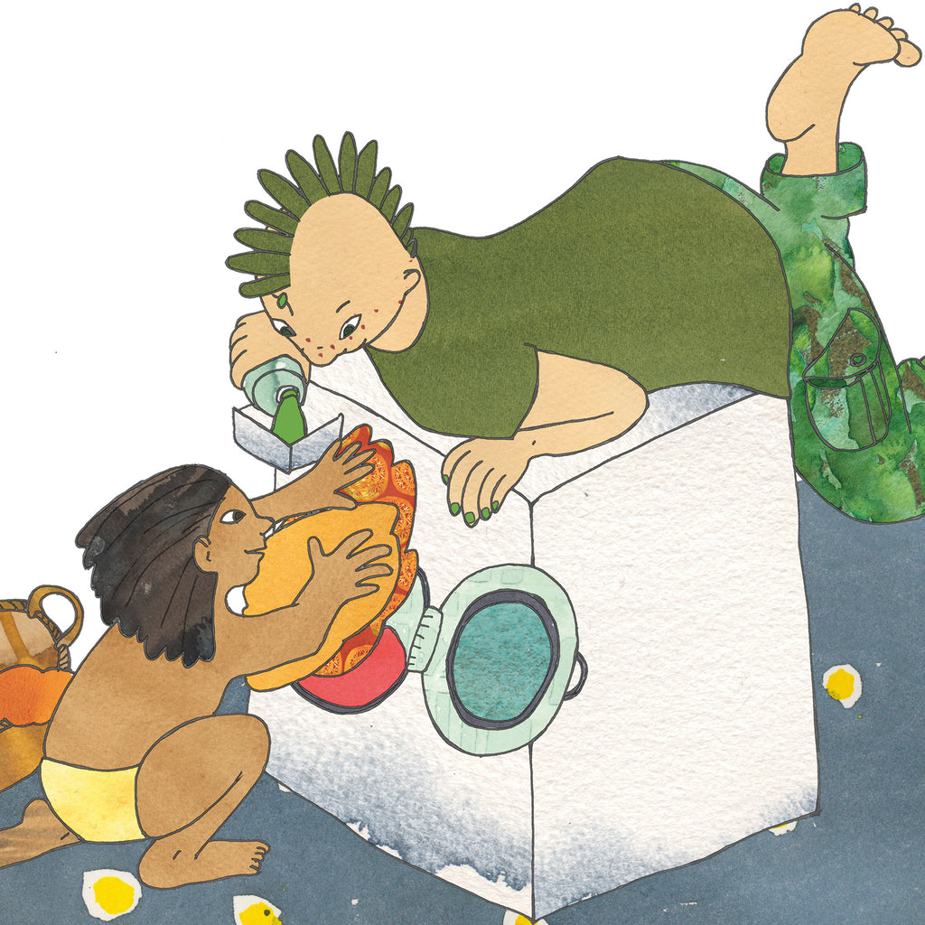 Illustration: Stora syskonet ligger på tvättmaskinen och häller i tvättmedel. Det yngre syskonet matar in kläder i tvättmaskinen. 