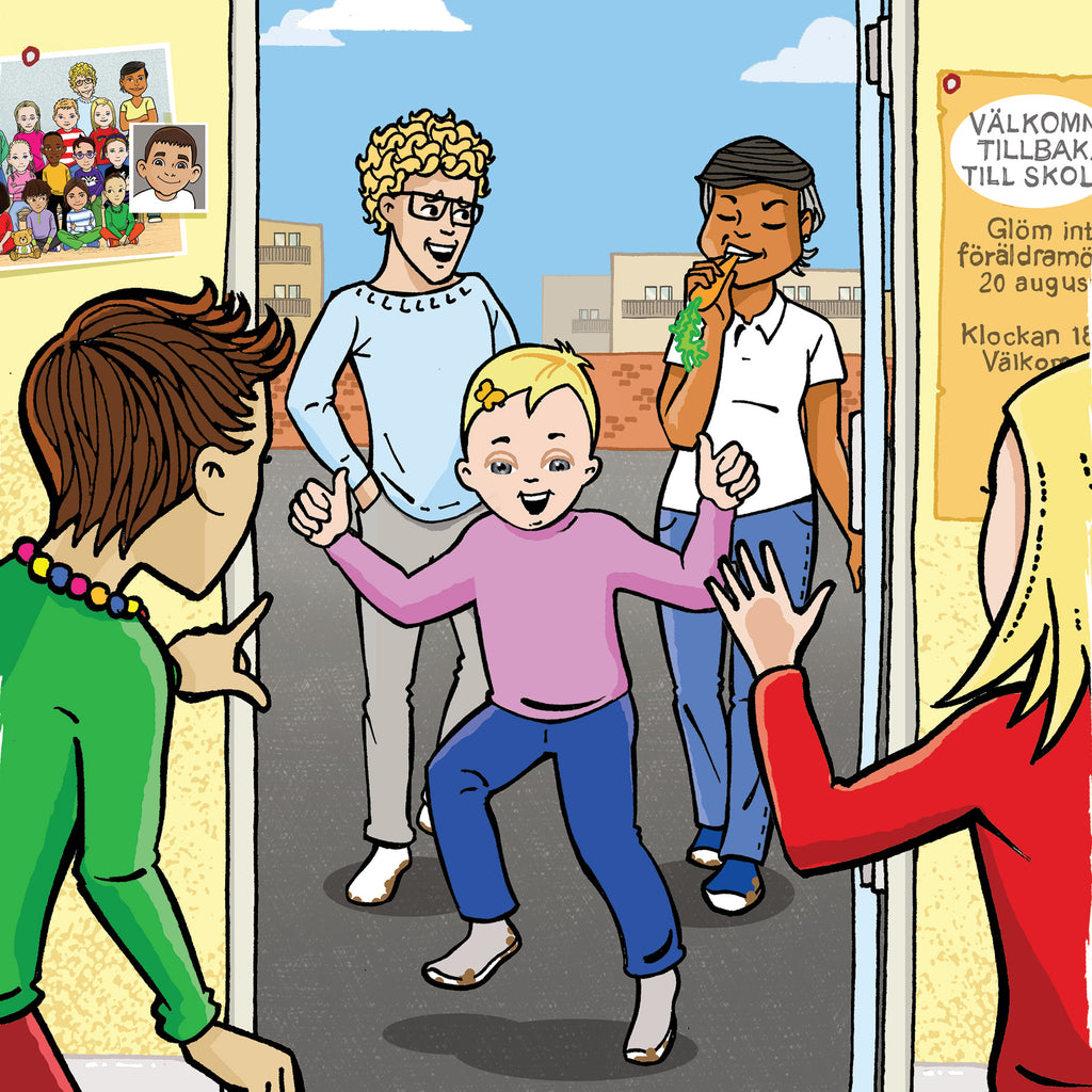 Illustration: Timmy Kent som kommer gåendes med några andra barn och vuxna omkring sig. 