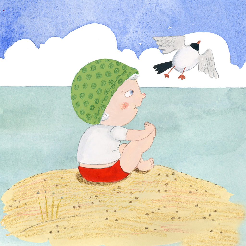 Illustration. Ett barn sitter på stranden och håller i en fot och tittar på en mås i luften. Titta havet! - Bilderbok 0-2 år - OLIKA förlag - Författare: Åsa Mendel-Hartvig - Illustratör: Maija Hurme