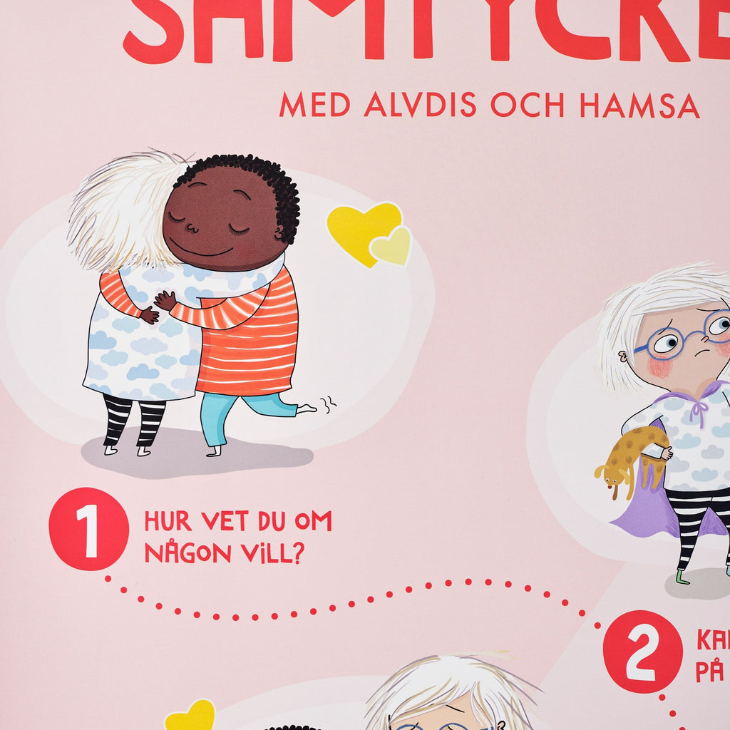 En illustration av två kramande barn i Affisch Samtycke - 3-6 år - Storlek: A2 (59×42 cm) - Miljömärkning: Svanen - OLIKA förlag