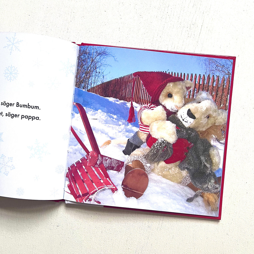 Två nallebjörnar som sitter i snön - Bumbum åker fort - Bilderbok 1-3  år - OLIKA förlag - Författare och fotograf: Ann-Christine Magnusson