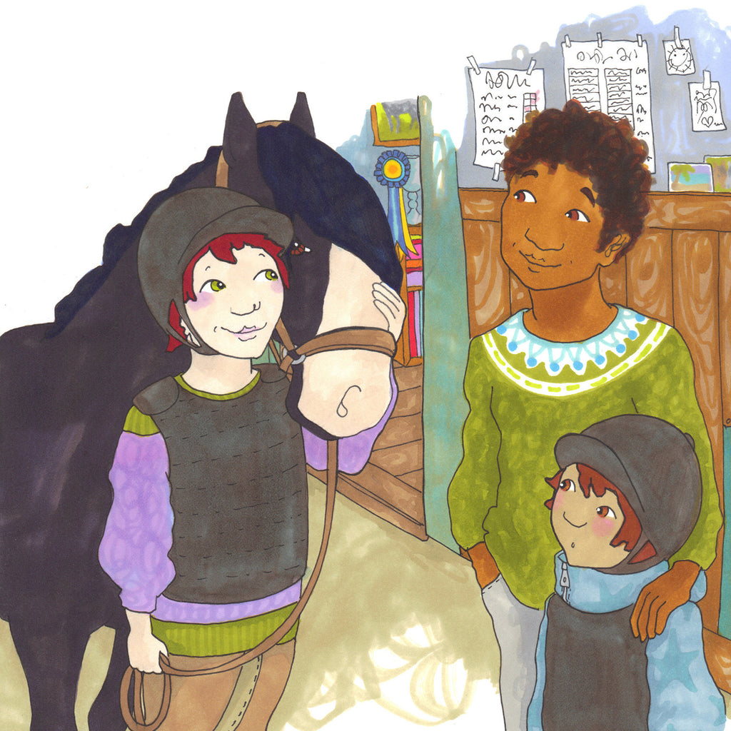 En illustration med tre barn och en häst - Malva börjar rida - Lättläst bok 6-9 år - OLIKA förlag - Författare: Malin Eriksson - Illustratör: Lisa Säfve