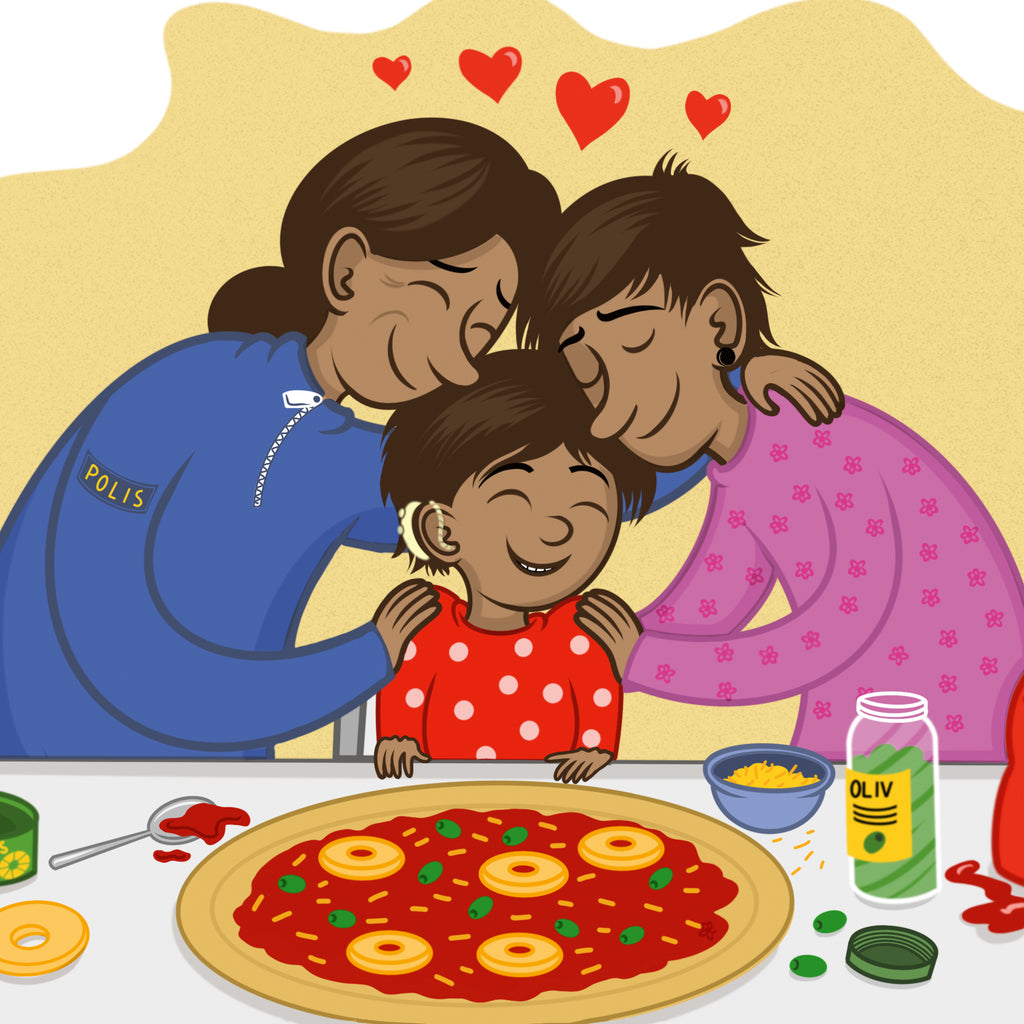 Illustration med mamma polis och hennes två barn som kramas vid sin pizza - På uppdrag - Bilderbok 1-3 år - OLIKA förlag - Författare: Jonna Kilstam - Illustratör: Johanna Arpiainen