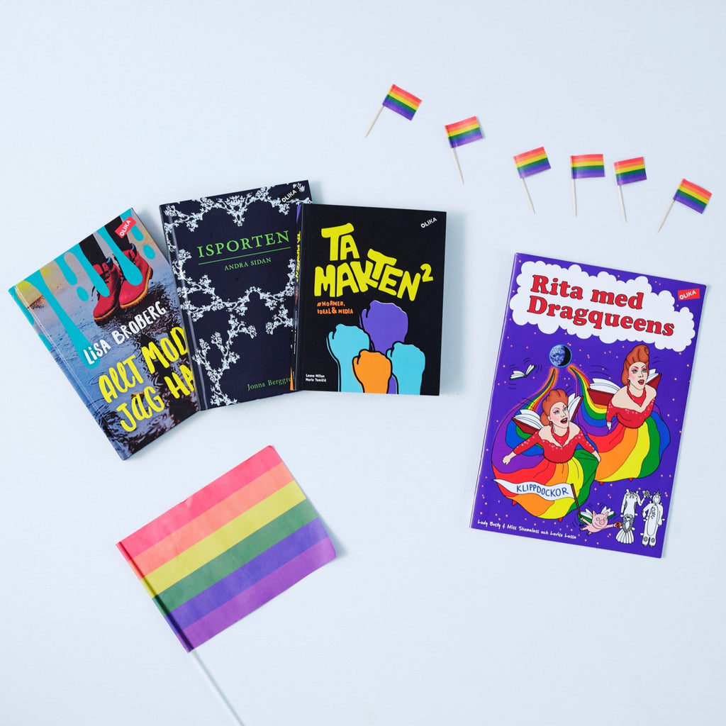Bokpaket Pride - 9-12 år -  Innehåller tre titlar: Allt mod jag har, Isporten Andra sidan och Ta makten 2 och ritboken Rita med Dragqueens - OLIKA förlag