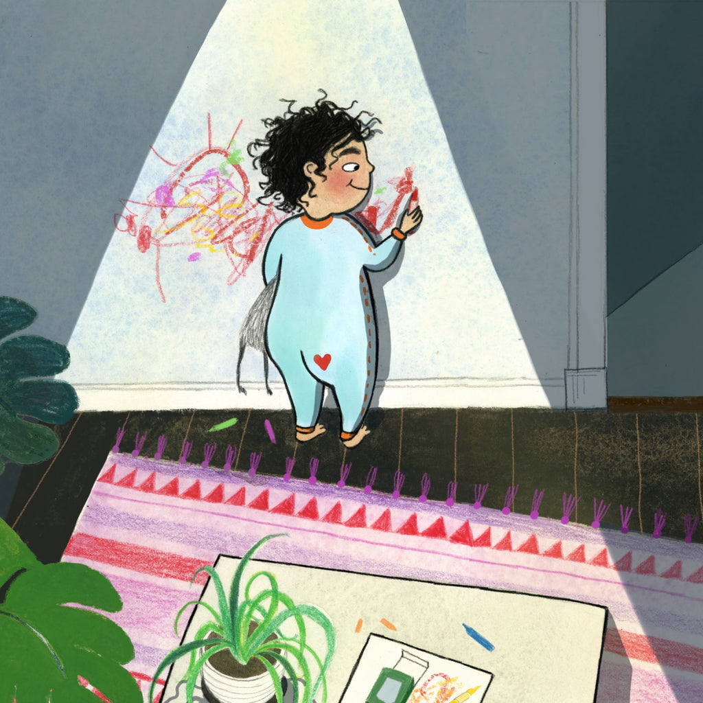 Illustration. Barn klädd i pyjamas ritar på väggen med kritor - Zozo och kritorna - Bilderbok 1-3 år - OLIKA förlag - Författare: Elina Garp - Illustratör: Moa Graaf