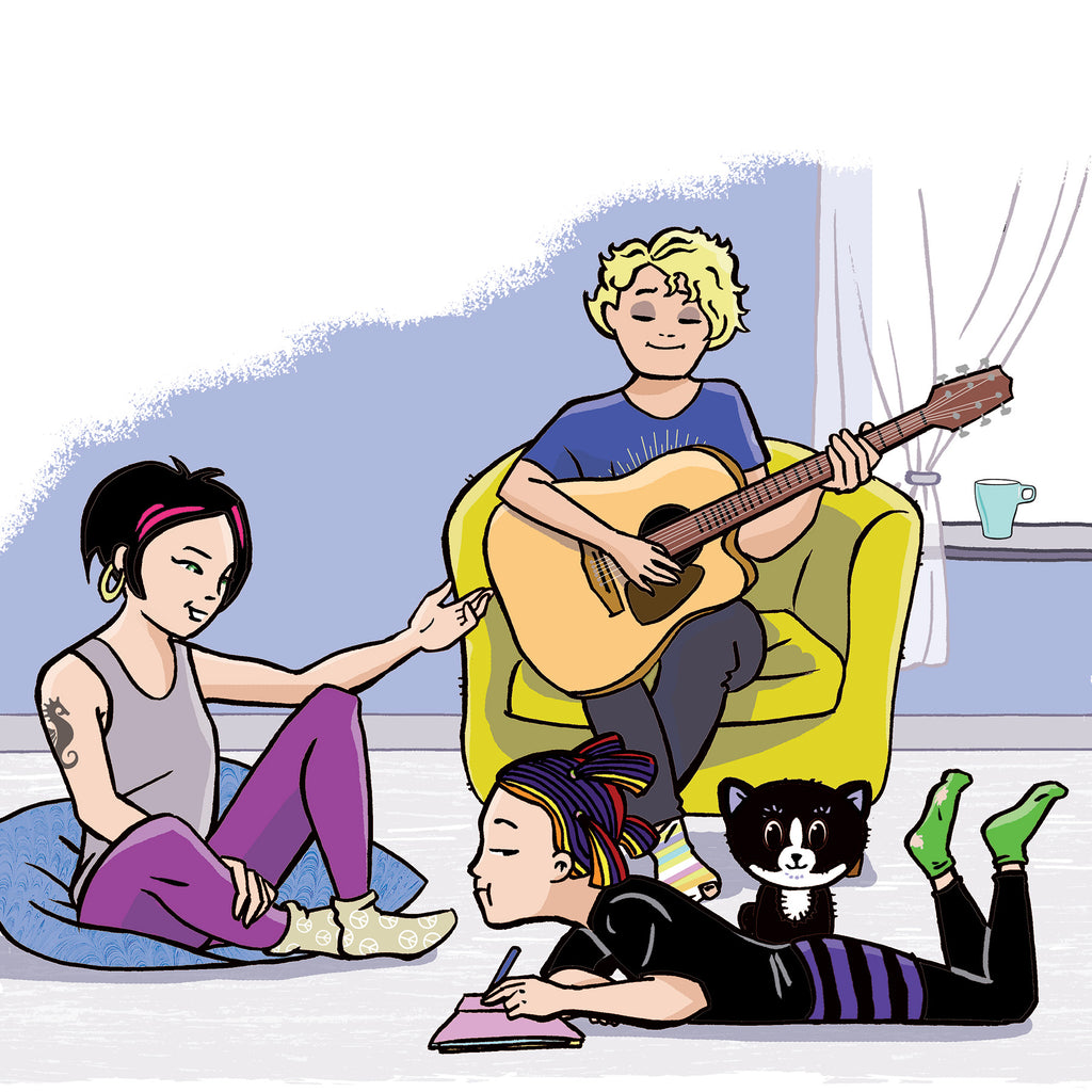 Illustration av tre kvinnokodade karaktärer med alternativa frisyrer i boken Du är en stjärna, Amy Jönsson! - Barnen i Lyckeskolan - Lättläst 6-9 - OLIKA förlag - Författare: Ebba Berg - Illustratör: Carl Flint