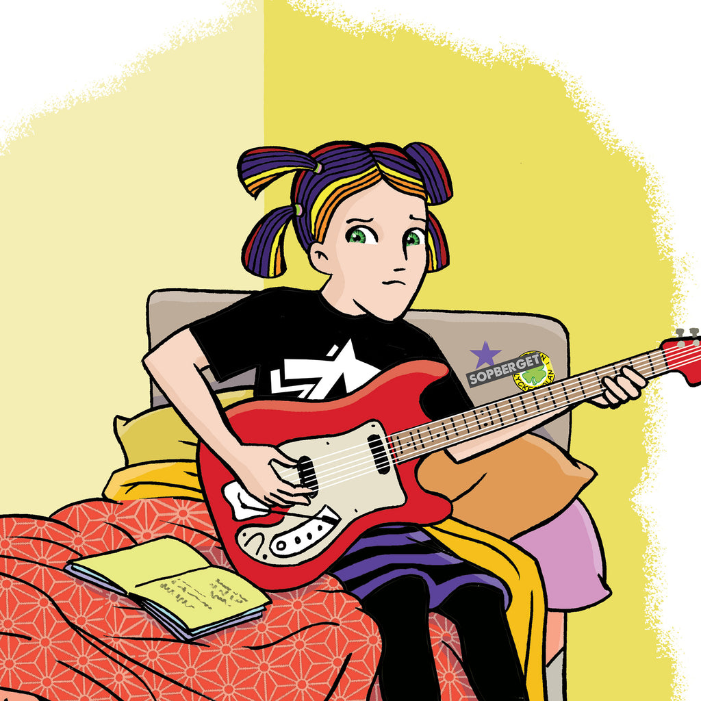 En illustration av en person med färgglatt hår som spelar elgitarr på sin säng i boken Du är en stjärna, Amy Jönsson! - Barnen i Lyckeskolan - Lättläst 6-9 - OLIKA förlag - Författare: Ebba Berg - Illustratör: Carl Flint
