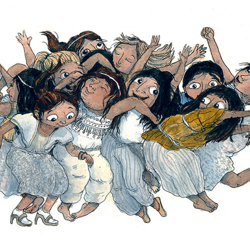 Illustration av en massa barn som dansar tätt ihop - Dansbus och kaktrubbel - Bilderbok 3-6 år - OLIKA förlag - Författare: Marin Salto Illustratör: Marcus Gunnar Pettersson