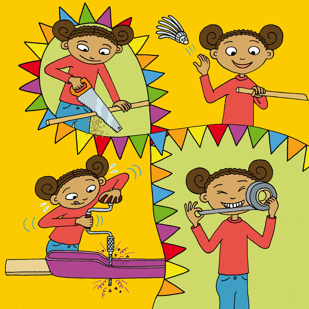 En illustration av en svart flicka som bygger och uppfinner i boken Full fart, UppfinnarJohanna! - Bilderbok 3-6 år - OLIKA förlag - Författare: Ann-Christine Magnusson - Illustratör: Lovisa Lesse