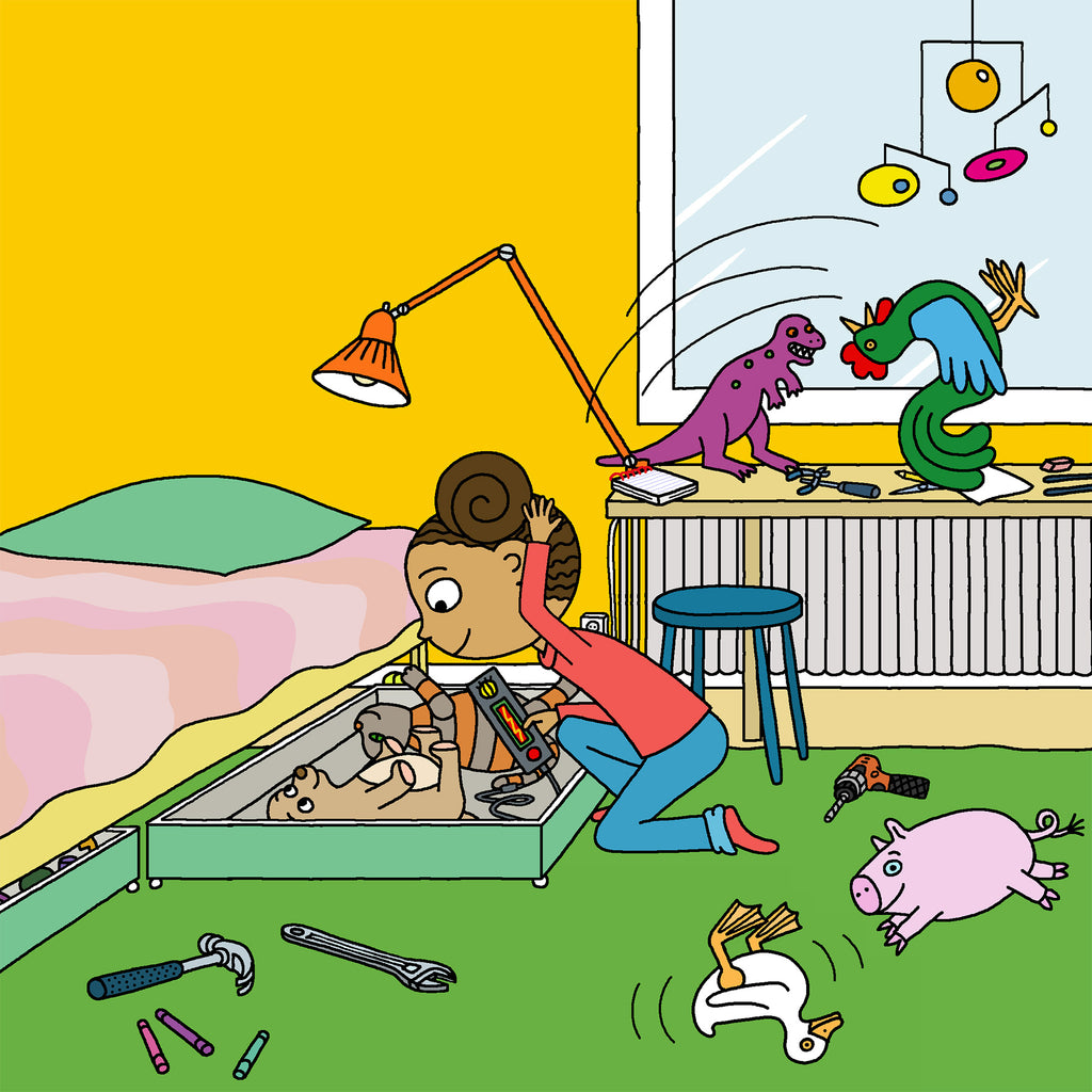 Illustration av ett barn som rotar runt i sitt sovrum i boken UppfinnarJohanna och Huttan - Bilderbok 3-6 år - OLIKA förlag - Författare: Ann-Christine Magnusson - Illustratör: Lovisa Lesse