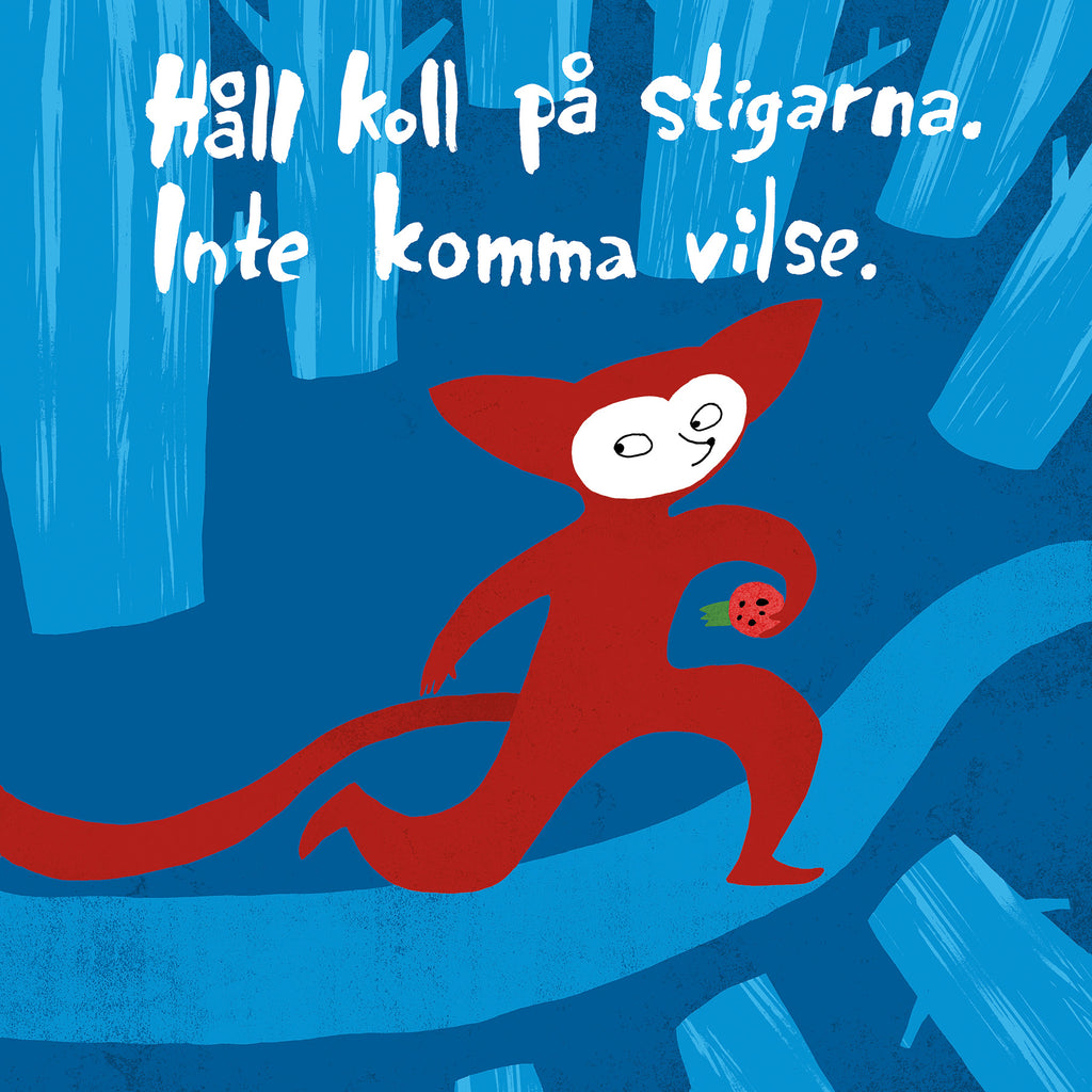 Illustration av en röd filur som flyr genom en skog i boken Jakten - Bilderbok 1-3 år - OLIKA förlag - Författare: Sanna Borell - Illustratör: Sanna Borell