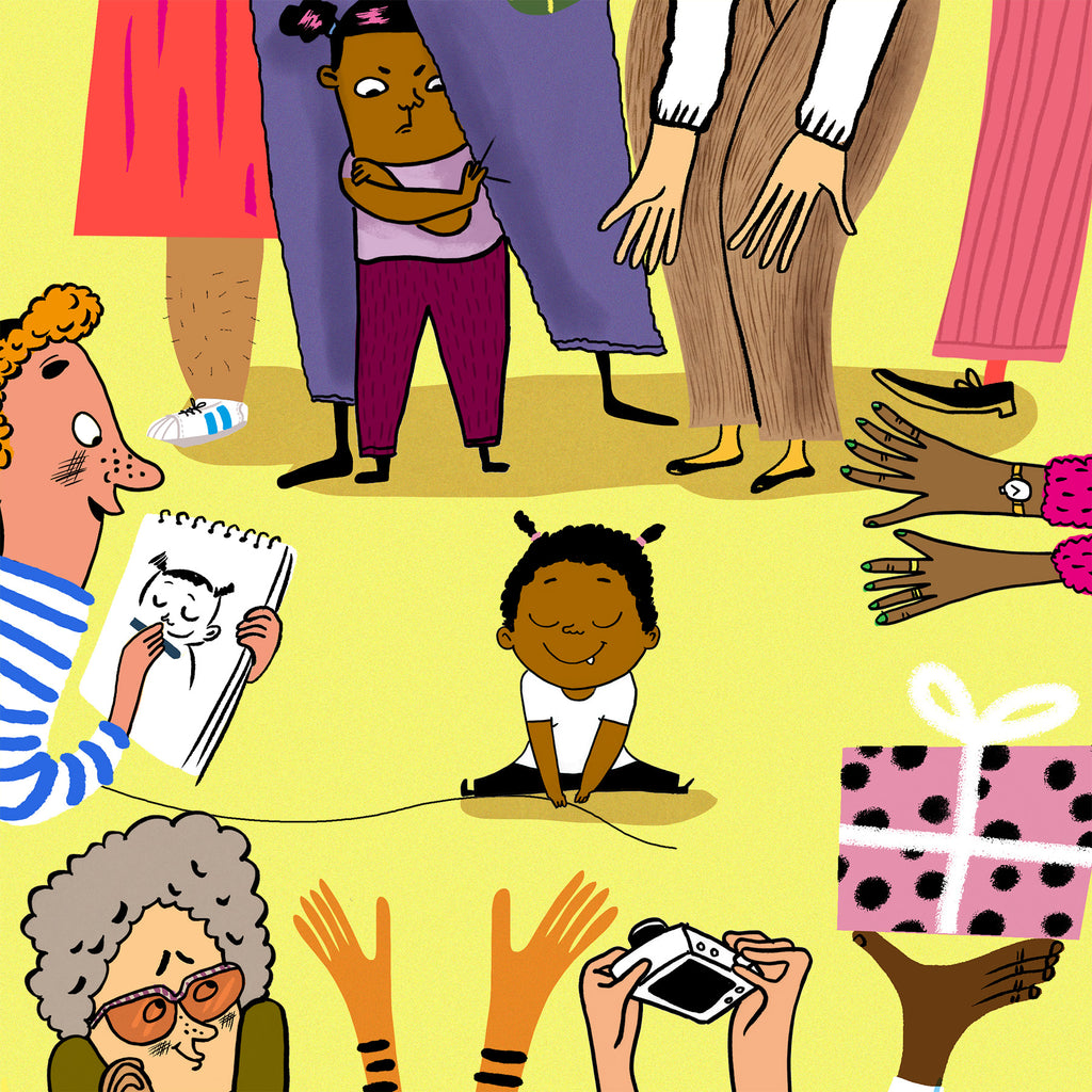 En illustrerad folkmassa där ett barn står i fokus i boken Kluriga ordens ABC - Bilderbok 3-6 år - OLIKA förlag - Författare: Mia Kim Illustratör: Maria Källström