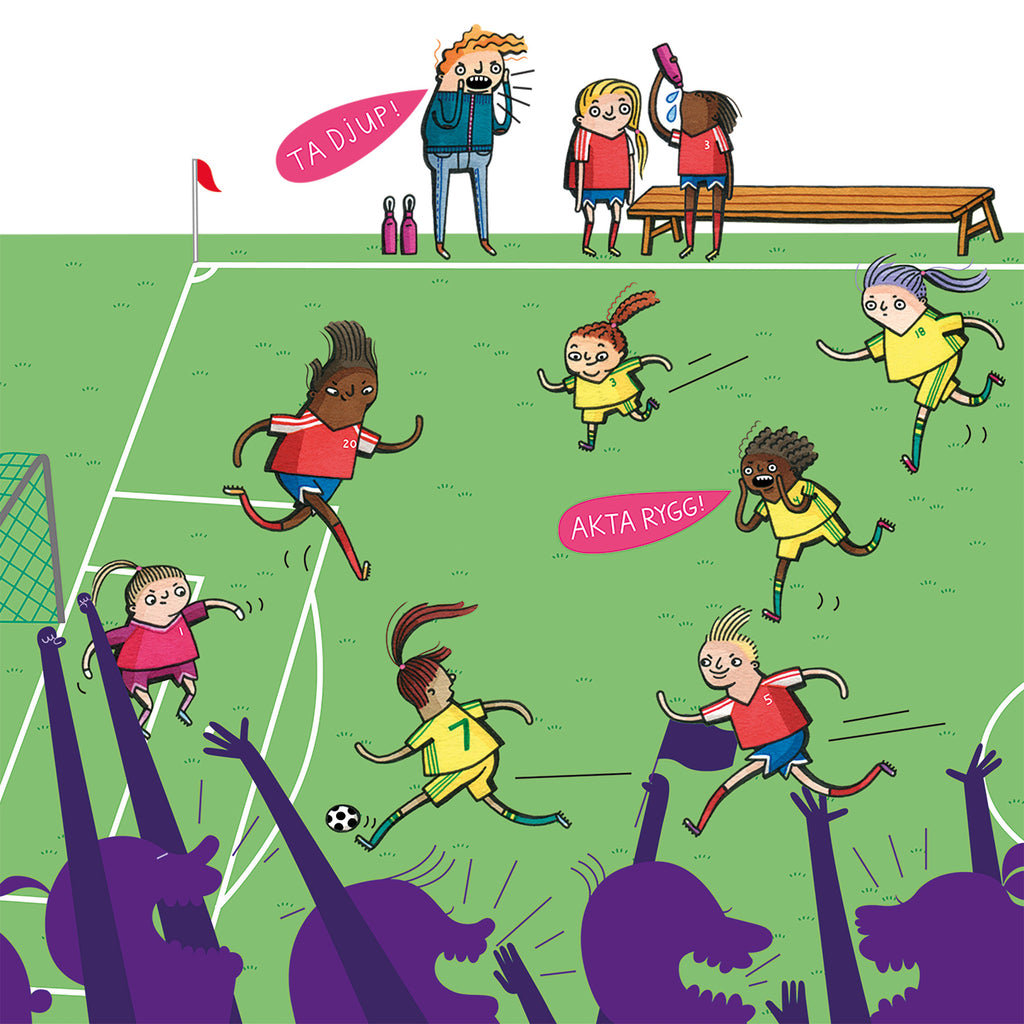 En illustrerad fotbollsmatch i boken Koll på fotboll - Faktabok 5 - 100 år - OLIKA förlag - Författare: Jennifer Wegerup - Illustratör: Jenny Karlsson