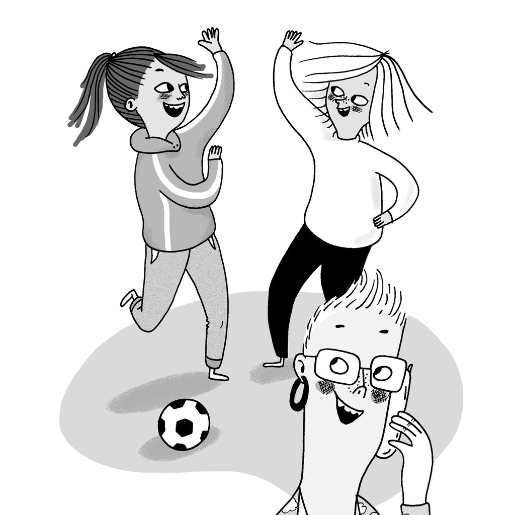 Svartvit illustration av glada fotbollsspelare i Värsta målet, Kosse! - Baserad på Kosovare Asllanis barndom - Kapitelbok 6-9 år - OLIKA förlag - Författare: Anja Gatu - Illustratör: Maria Källström