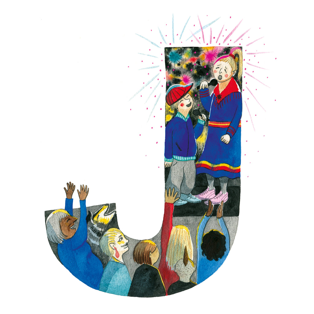 En illustration av bokstaven J i boken Kroppens ABC - Bilderbok 3-6 år - OLIKA förlag - Författare: Lina Boozon Ekberg, Eva Emmelin och Linda Madsen - Illustratör: Alaya Vindelman
