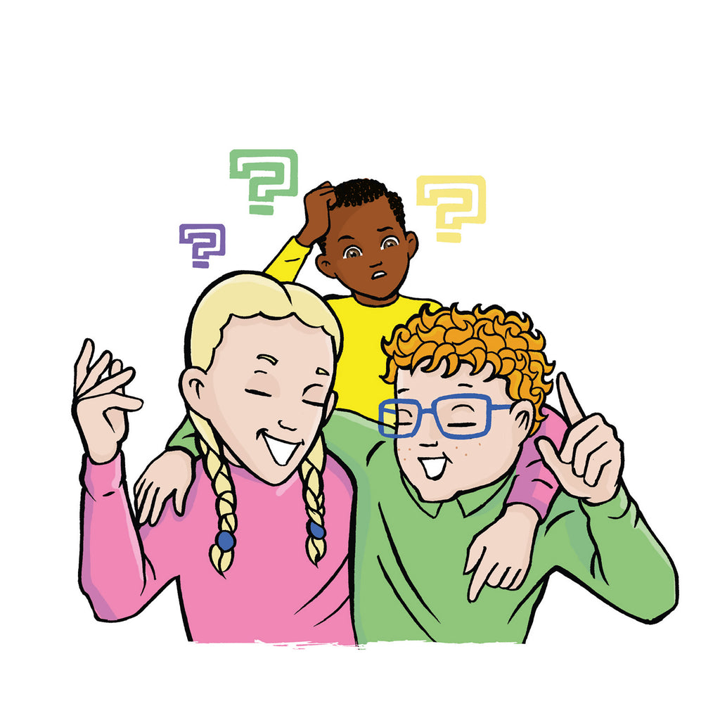 Illustration av tre klasskompisar i boken Skojar du, Märta Grön? - Lättläst 6-9 år - OLIKA förlag - Författare: Ebba Berg - Illustratör: Carl Flint