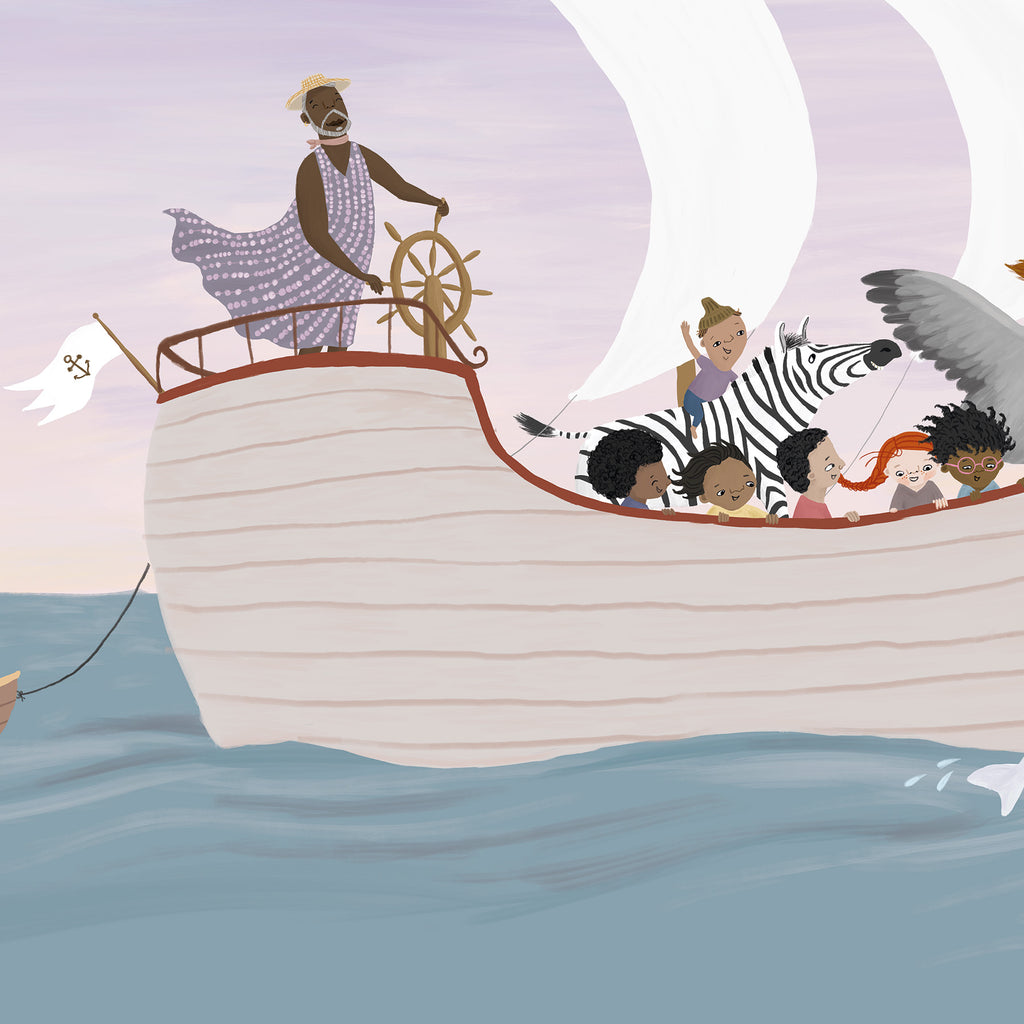 Illustration av en vuxen och en barngrupp ombord på en båt med en zebra i boken När vi leker - Bilderbok 1-3 år - OLIKA förlag - Författare: Anna Lundgren - Illustratör: Mia Olofsson