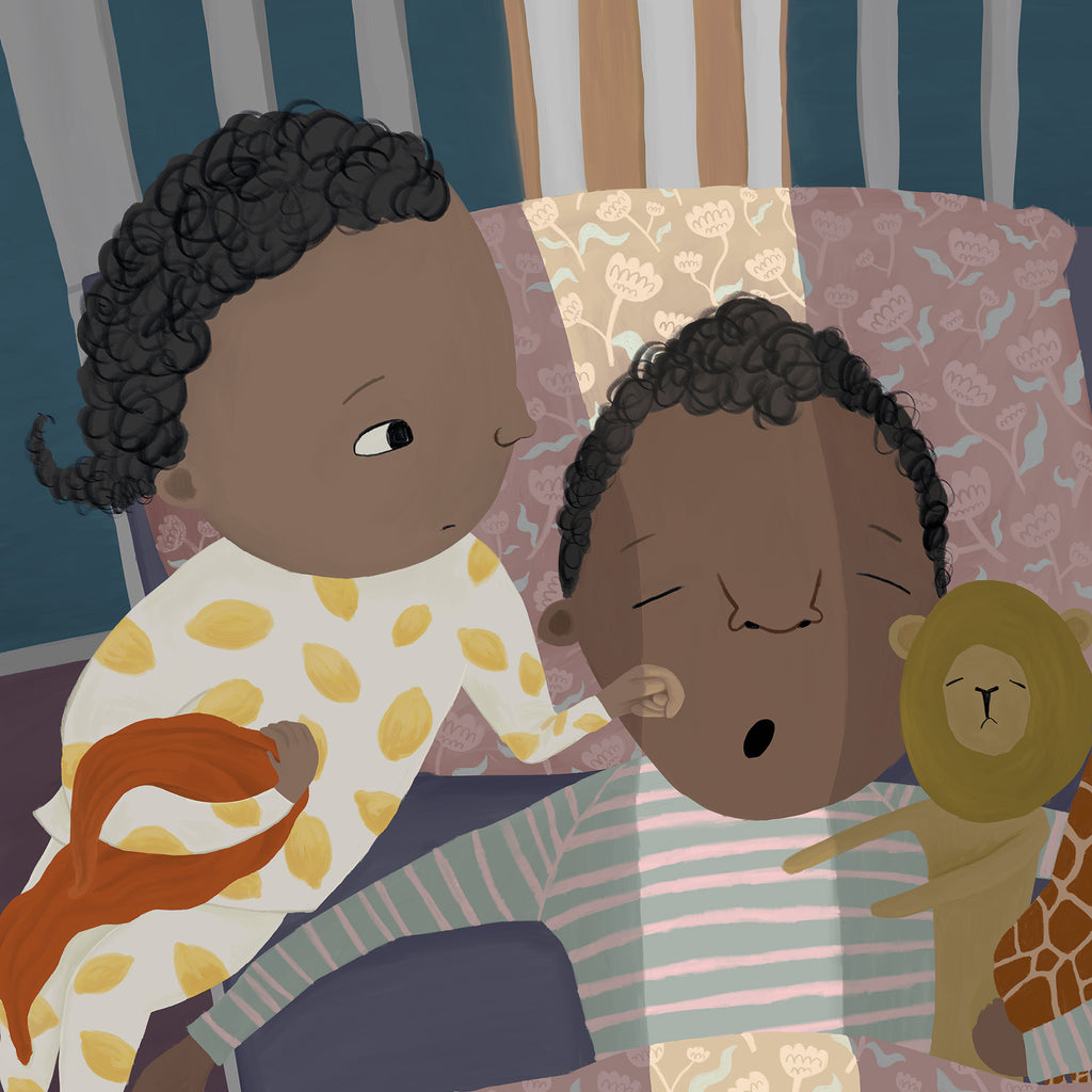 Illustration av två sovande syskon i boken När vi sover - Bilderbok 1-3 år - OLIKA förlag - Författare: Anna Lundgren - Illustratör: Mia Olofsson