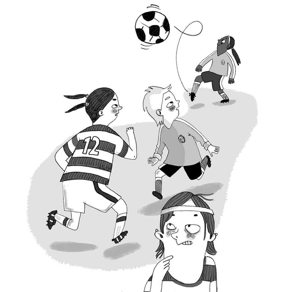 Svartvit illustration av fyra tjejer som spelar fotboll i Vilket skott, Olivia! - Baserad på fotbollsstjärnan Olivia Schoughs barndom - Kapitelbok 6-9 år - OLIKA förlag - Författare: Jennifer Wegerup - Illustratör: Maria Källström