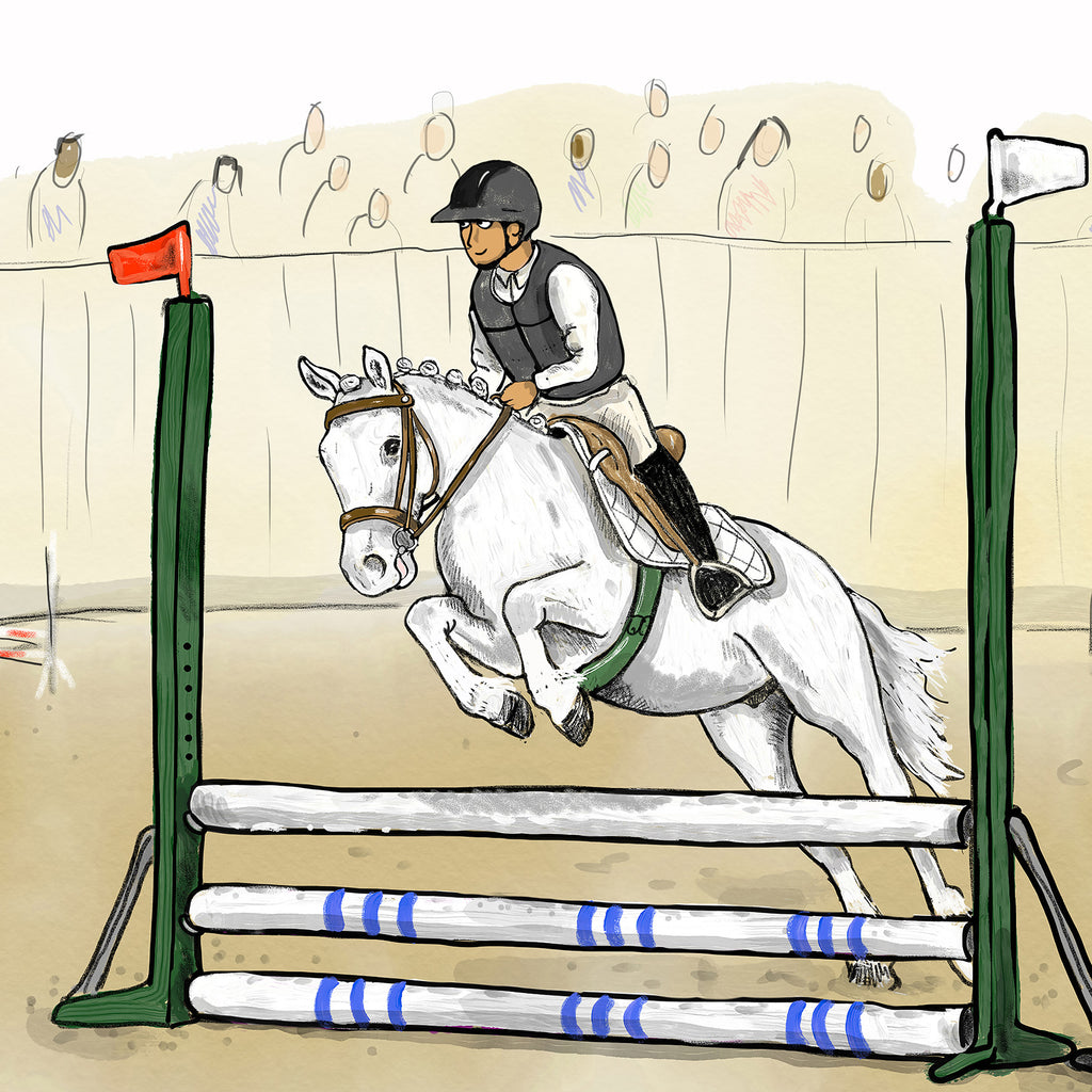 Illustration av en hästtävling i boken Över hindret, Goliat! - Kapitelbok 6-9 år - OLIKA förlag - Författare: Jenny Granberg Ahlmark - Illustratör: Clara Lindegren