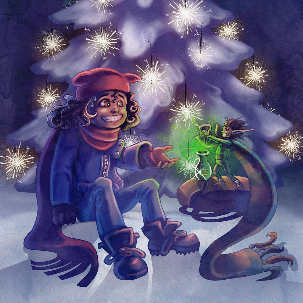 Illustration av ett barn i vinterkläder och en magisk varelse i boken Uppdrag: Rädda julen - Kapitelbok 6-9 år - OLIKA förlag - Författare: Cecilia Rihs - Illustratör: Silvy Strand
