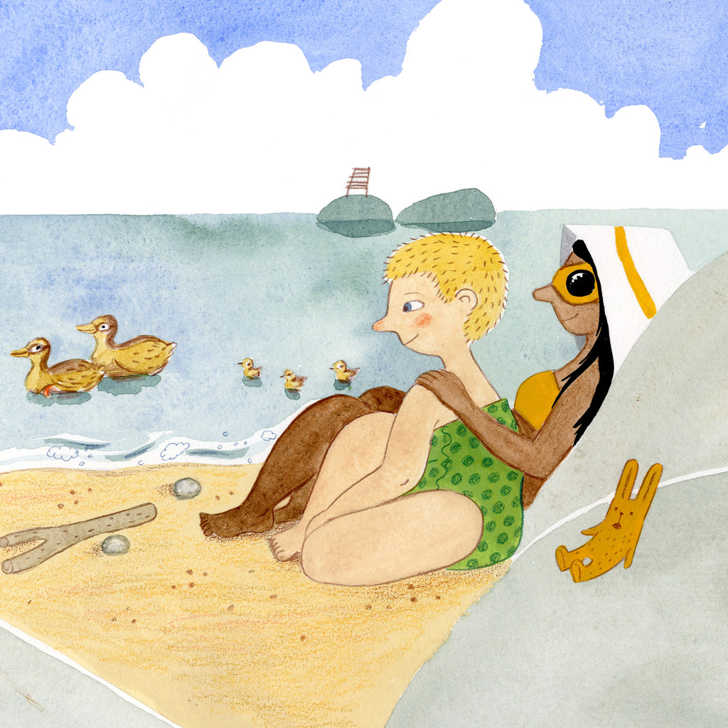 Illustration av två mammor som sitter på en badstrand - Titta havet! - Bilderbok 0-2 år - OLIKA förlag - Författare: Åsa Mendel-Hartvig - Illustratör: Maija Hurme