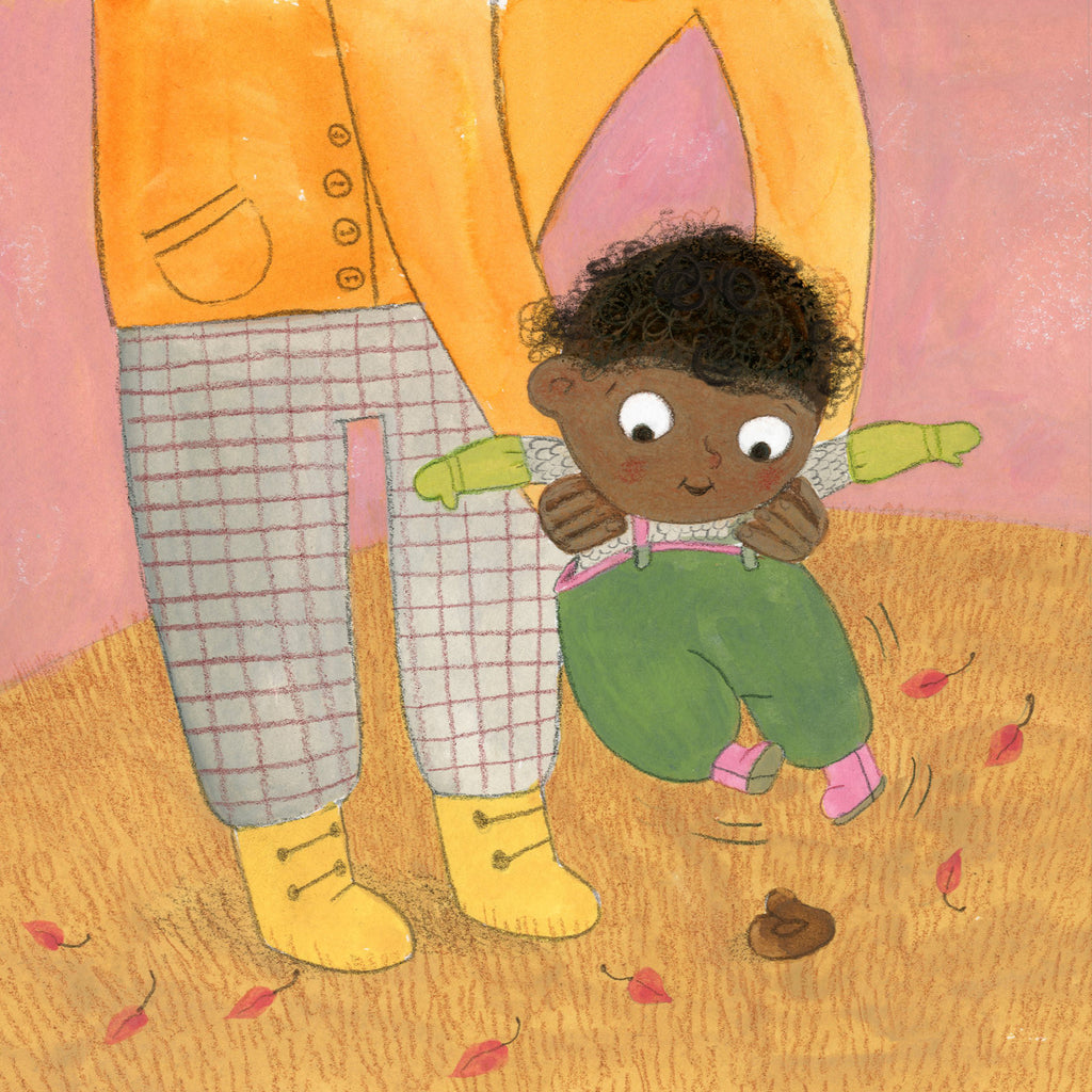 En illustration av en vuxen som bär ett barn under armarna i Titta parken! - Bilderbok 0-2 år - OLIKA förlag - Författare: Åsa Mendel-Hartvig - Illustratör: Maija Hurme