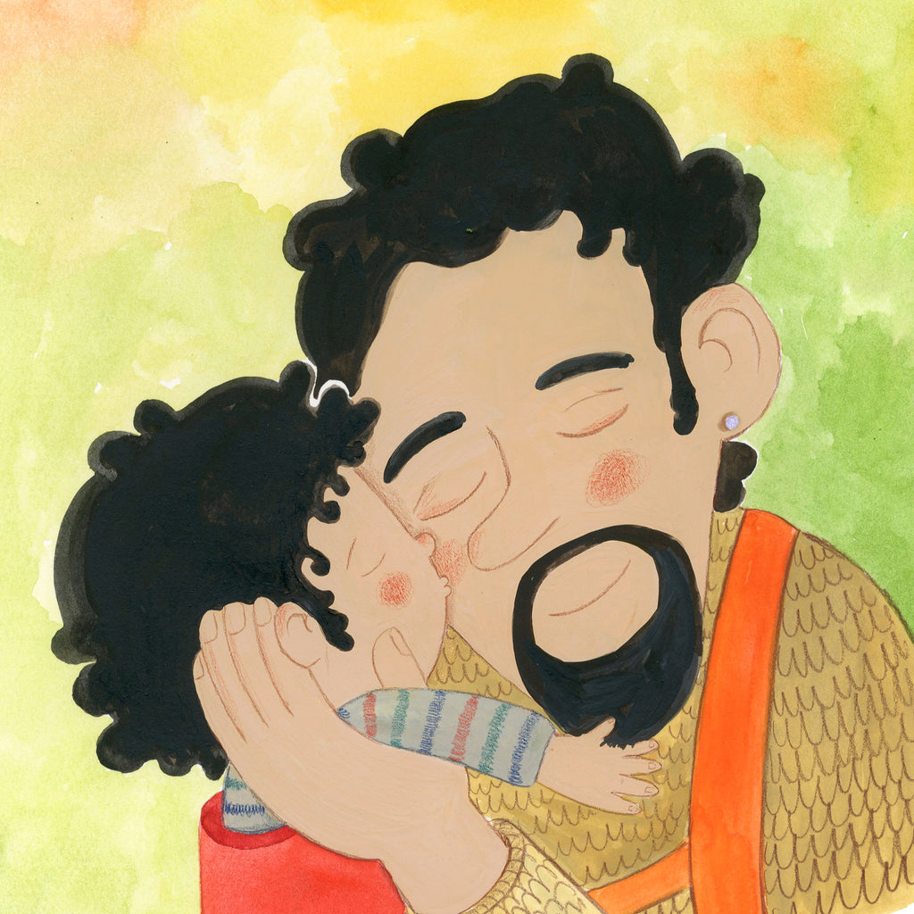 Illustration av ett barn som pussar sin pappa på kinden - Titta parken! - Bilderbok 0-2 år - OLIKA förlag - Författare: Åsa Mendel-Hartvig - Illustratör: Maija Hurme