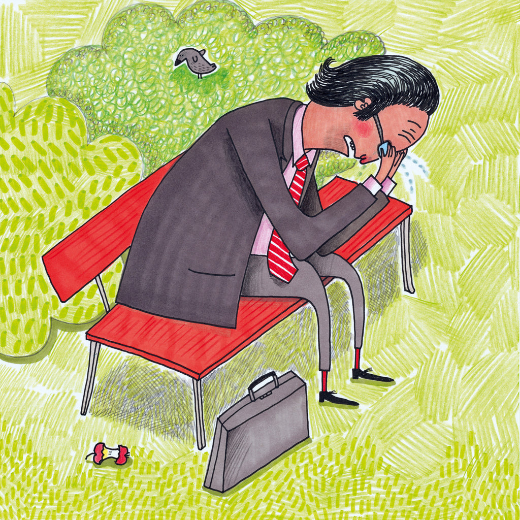 Illustration. En gråtande medelåldersman sitter på en bänk i en grön park.