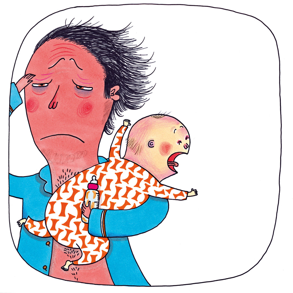 Illustration. En pappa och en gråtande bebis.