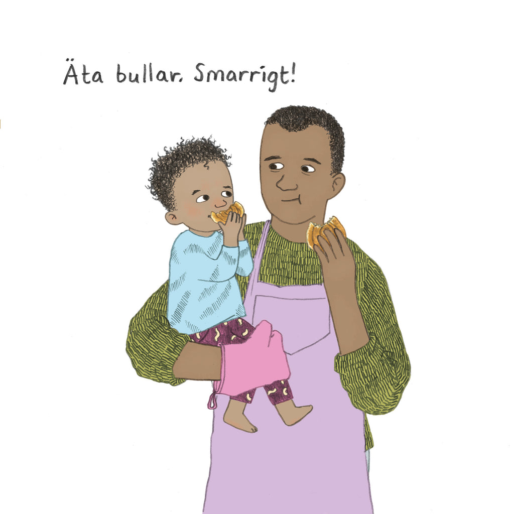 Illustration av en förälder och ett barn som äter bullar tillsammans i Vi bakar bullar - Bilderbok 1-3 år - OLIKA förlag - Författare: Sarah Vegna - Illustratör: Astrid Tolke