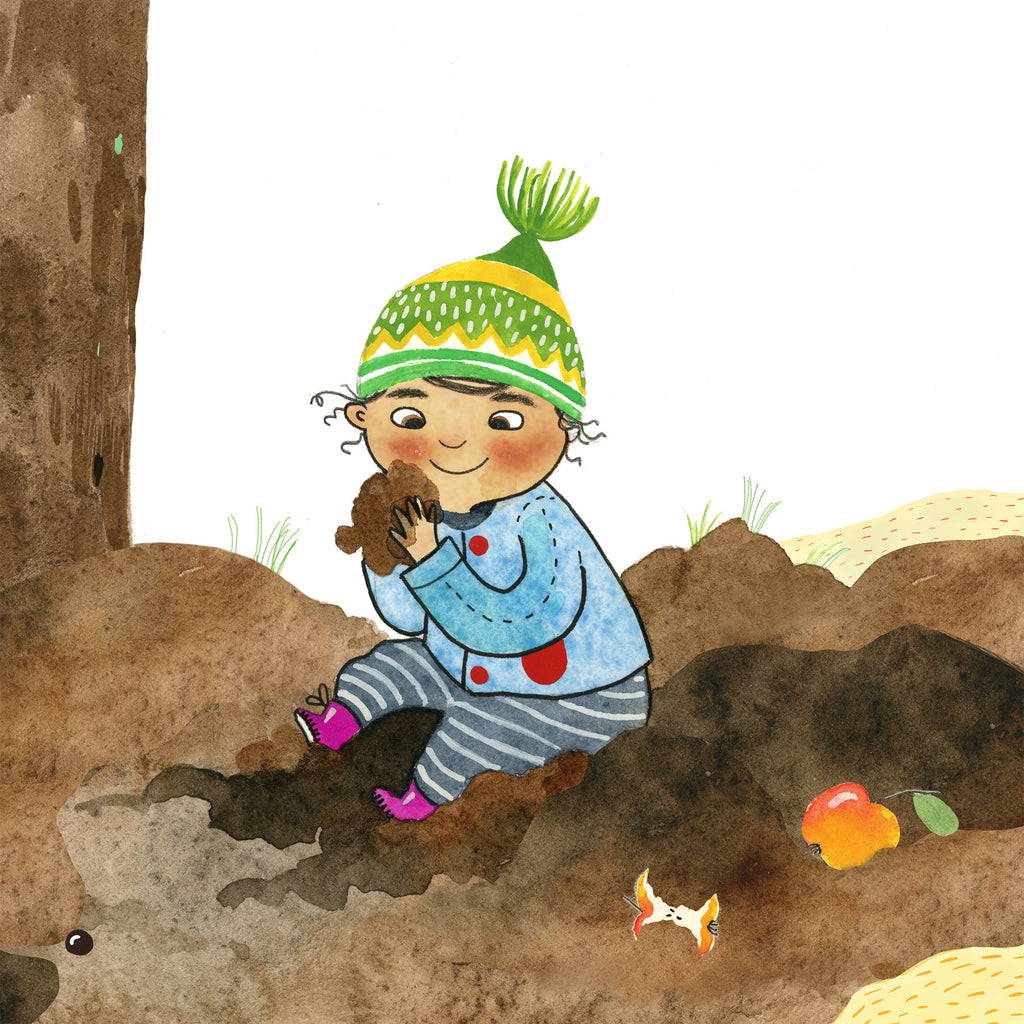 Illustration av ett barn som leker med jord i Zozo och hunden - Bilderbok 1-3 år - OLIKA förlag - Författare: Elina Garp - Illustratör: Moa Graaf