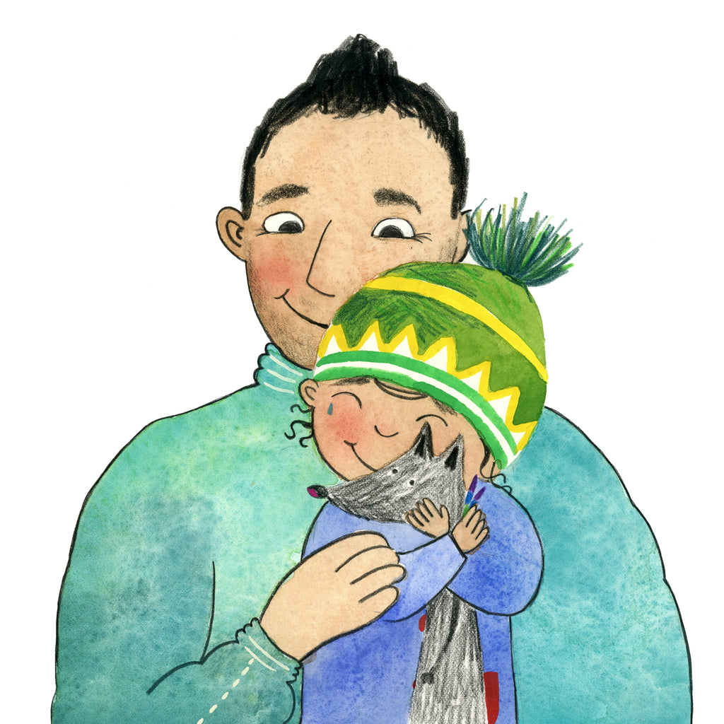 Illustration av ett barn med sin förälder i Zozo och nallen - Bilderbok 1-3 år - OLIKA förlag - Författare: Elina Garp - Illustratör: Moa Graaf