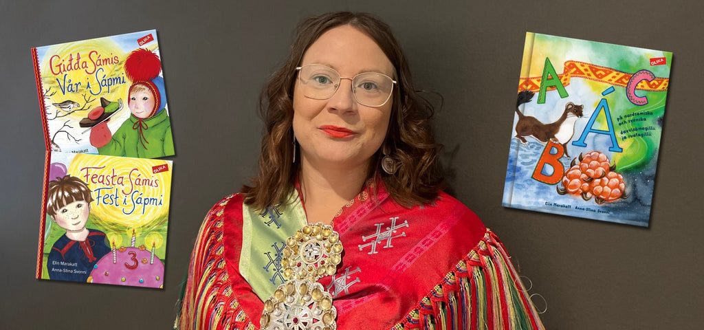 Ett färgfoto av författaren Elin Marakatt mot brun bakgrund, på bilden finns också omslag till hennes tre böcker