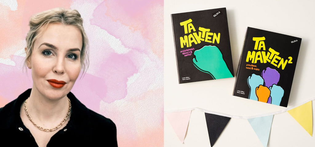 Till vänster färgfoto på författaren Leone Milton som står mot en rosa vägg. Till höger böckerna Ta makten 1 & 2 på ett bord