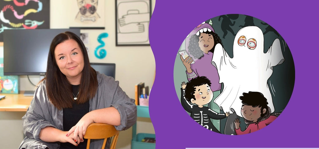 Till vänster, färgfoto av illustratören Elin Hägg som ser in i kameran. Till höger, illustration från Spökdiscot på lila yta