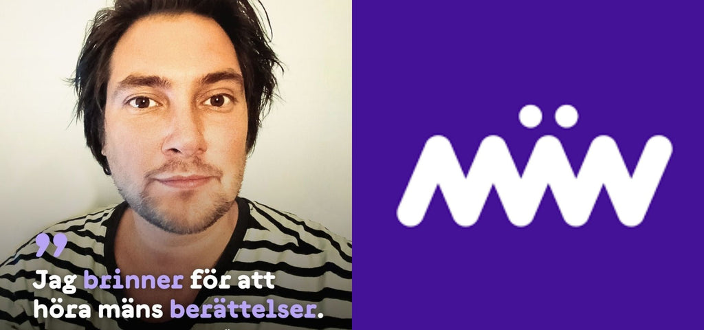 Till vänster ett färgfoto av Filip som ser in i kameran, till höger syns loggan för MÄN mot lila bakgrund