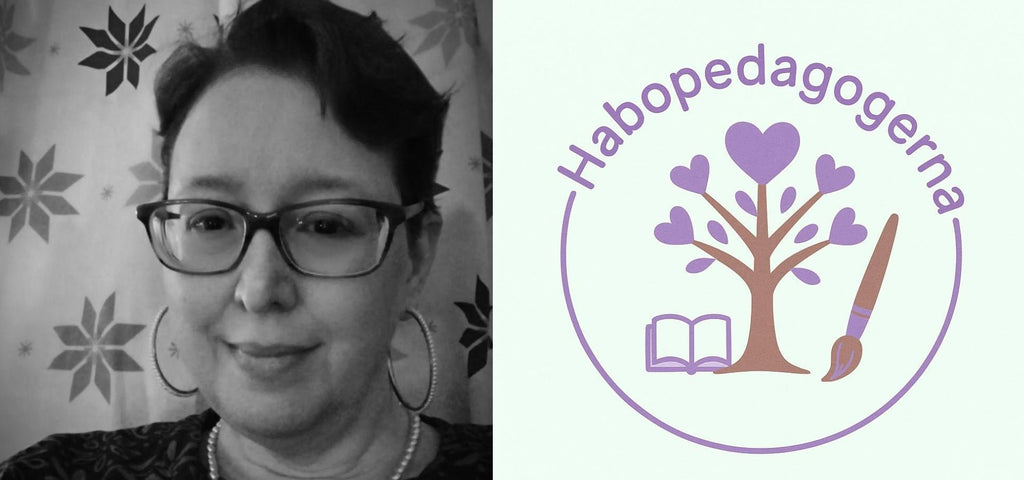 Till vänster svartvitt foto på Ros-Marie Lidberg, till höger loggan för hennes instagramkonto Habopedagogerna 