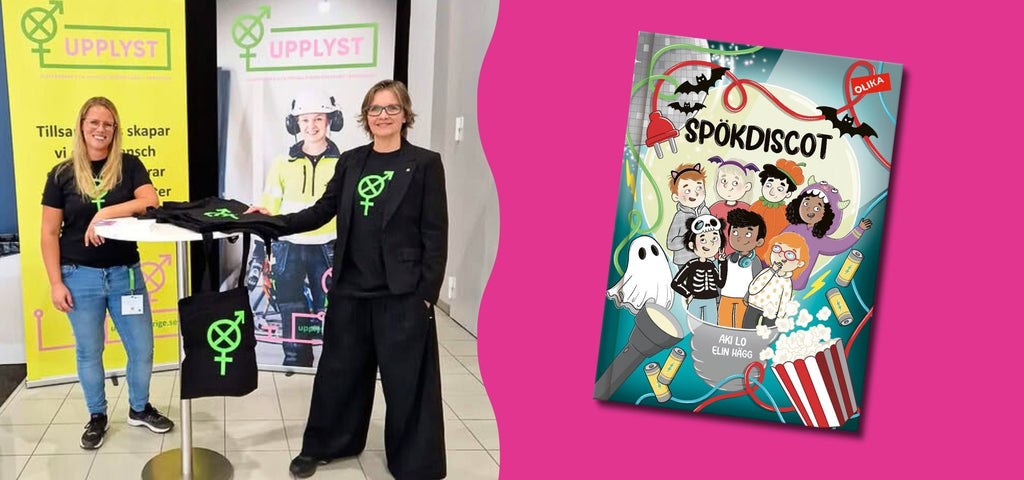 Färgfoto av 2 kvinnor vid ett informationsbord för initiativet UPPLYST, till höger, boken Spökdiscot på rosa yta