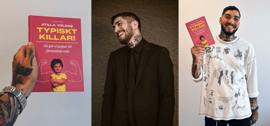 2 foton av boken Typiskt killar! Den syns mot en vägg & hålls upp av författaren Atilla Yoldaş. I mitten, foto av Atilla 