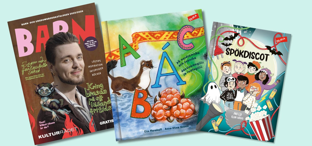 Ett nummer av tidningen Kulturrådet på blå yta tillsammans med Olikas böcker "ABC på nordsamiska och svenska" & "Spökdiscot"