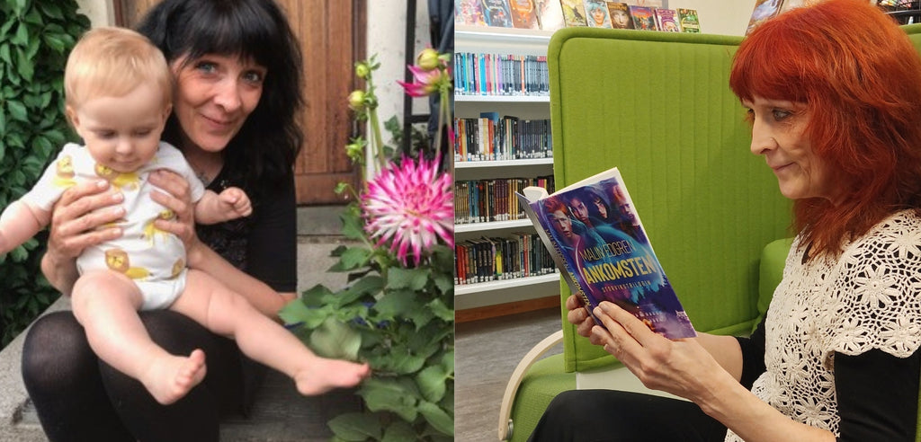  Färgfoton av bibliotekarien Henrika Almström, på ena fotot håller hon en bebis i knät, på det andra sitter hon och läser 